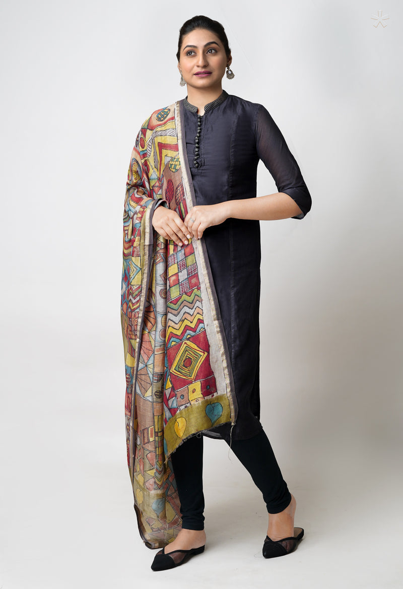 Multi Pure Pen Kalamkari Hand Painted Chanderi Cotton Silk Dupatta –UDS5496