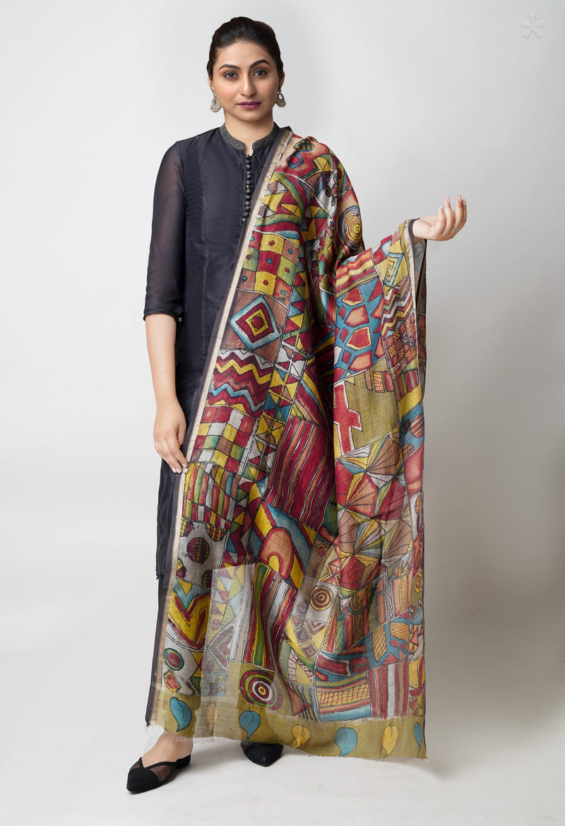 Multi Pure Pen Kalamkari Hand Painted Chanderi Cotton Silk Dupatta –UDS5496