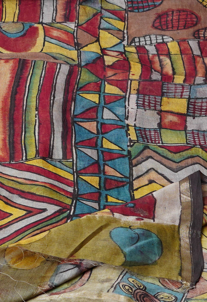 Multi Pure Pen Kalamkari Hand Painted Chanderi Cotton Silk Dupatta –UDS5496
