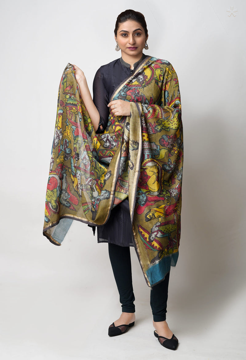 Olive Green Pure Pen Kalamkari Hand Painted Chanderi Cotton Silk Dupatta –UDS5497