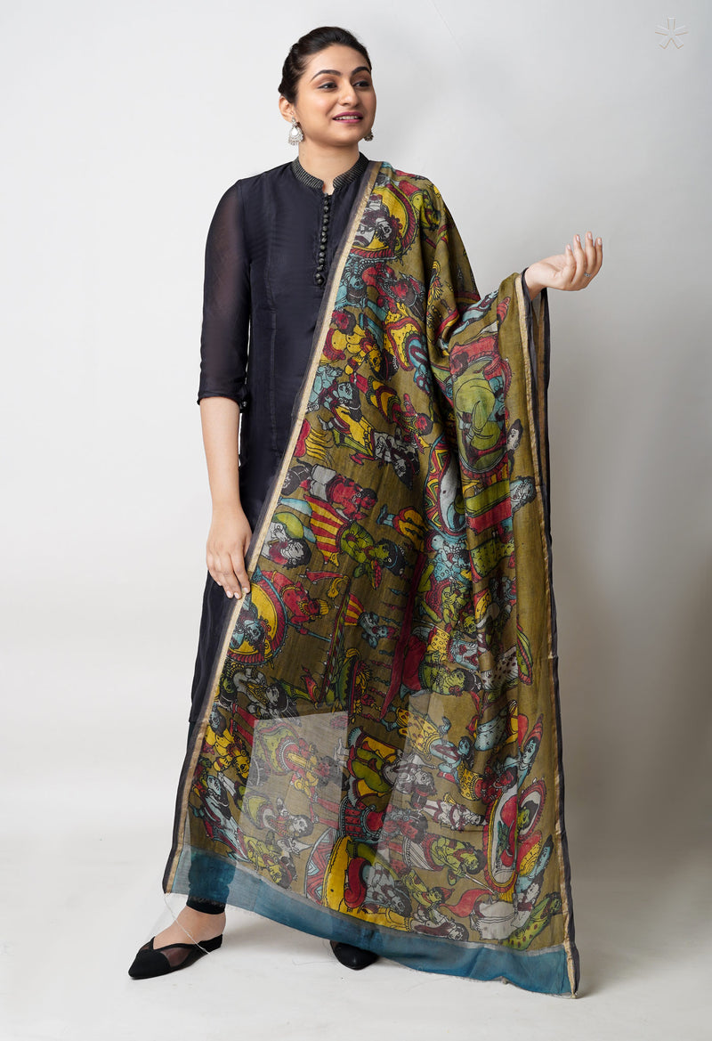 Olive Green Pure Pen Kalamkari Hand Painted Chanderi Cotton Silk Dupatta –UDS5497