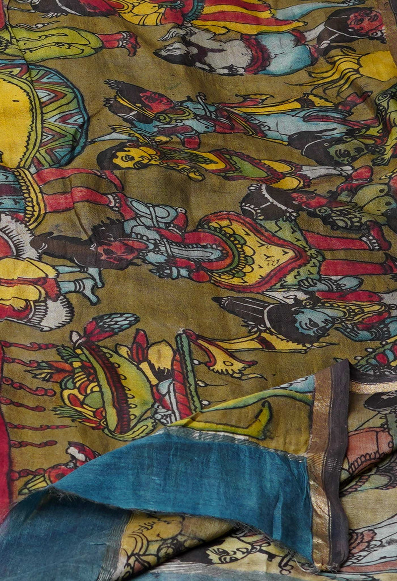 Olive Green Pure Pen Kalamkari Hand Painted Chanderi Cotton Silk Dupatta –UDS5497