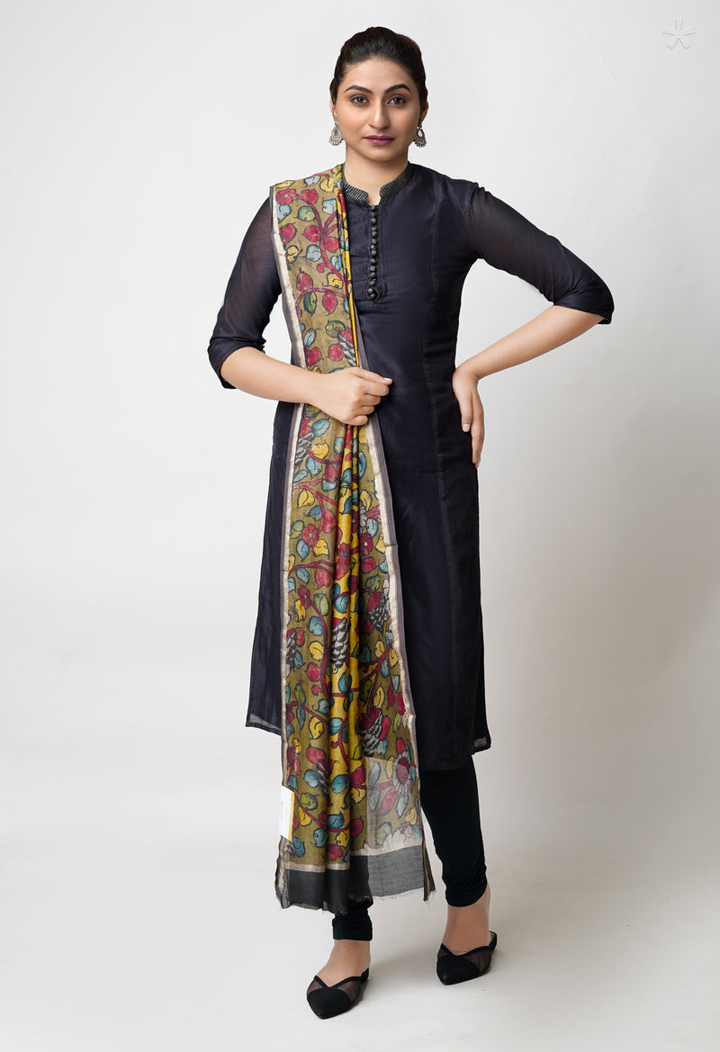 Yellow-Olive Green Pure Pen Kalamkari Hand Painted Chanderi Cotton Silk Dupatta –UDS5498