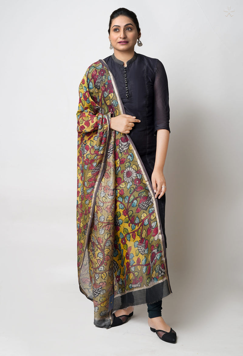 Yellow-Olive Green Pure Pen Kalamkari Hand Painted Chanderi Cotton Silk Dupatta –UDS5498