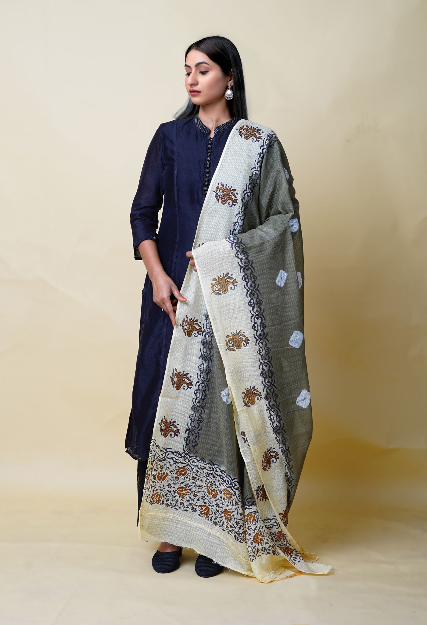 Green-Cream Pure Bandhani Block Printed Kota Dupatta-UDS5869