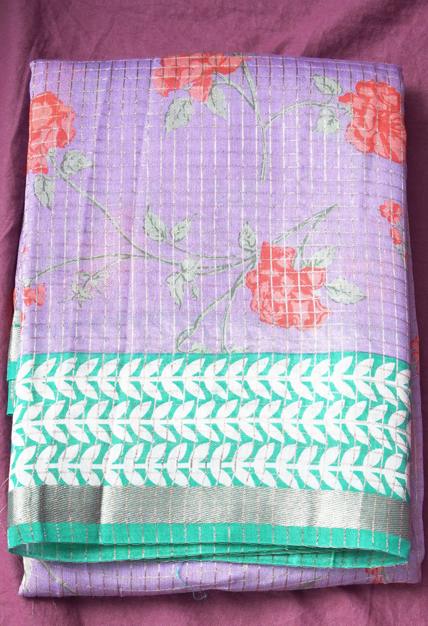 Pure Floral Printed With Zari Weaving Checks Chanderi Silk Saree-ULAC0004/4-2