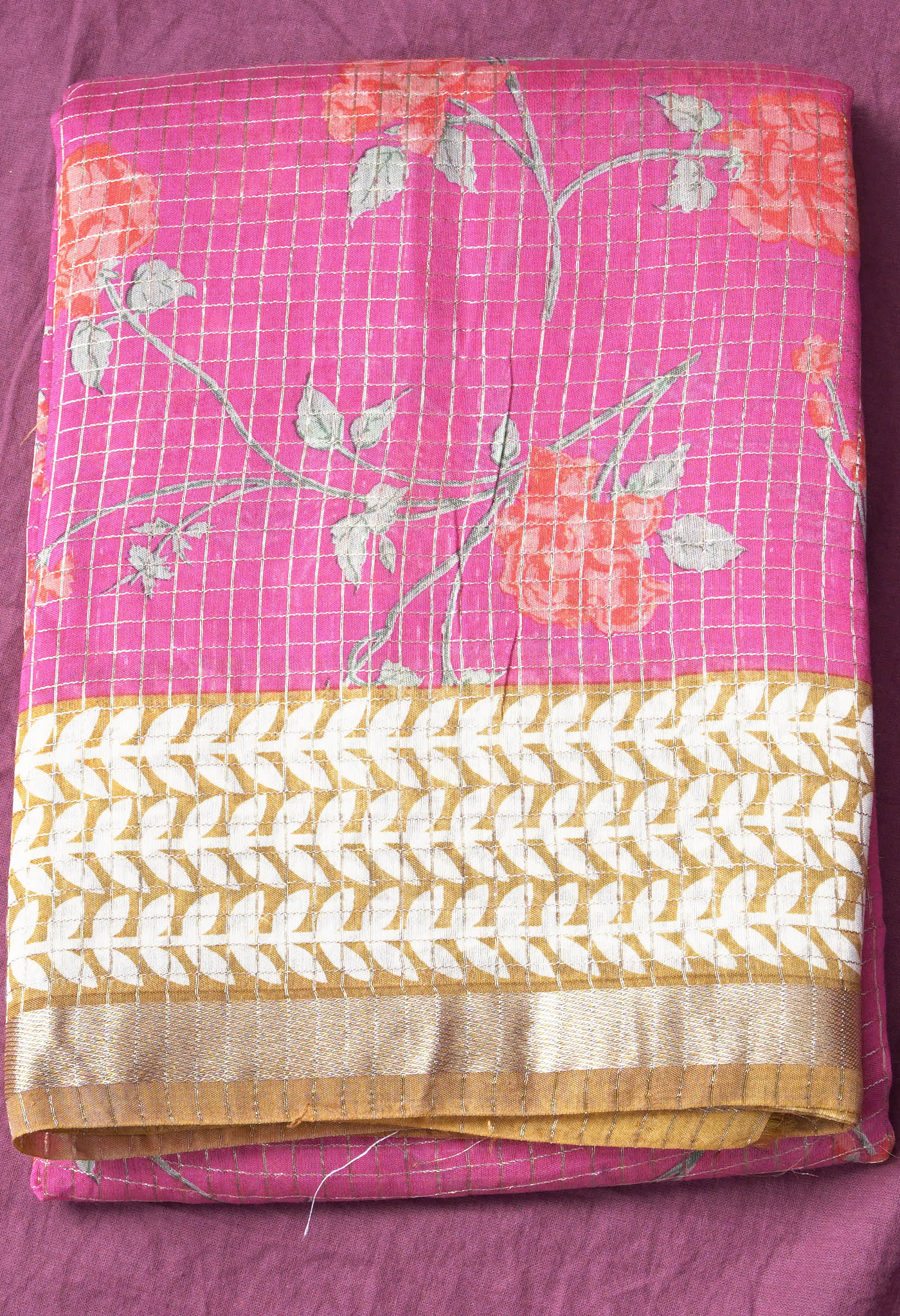 Pure Floral Printed With Zari Weaving Checks Chanderi Silk Saree-ULAC0004/4-4