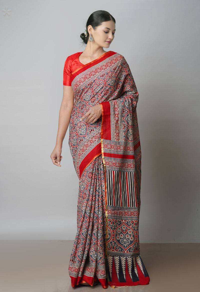 Grey-Red Pure Ajrakh Chanderi Sico Saree-UNM49274