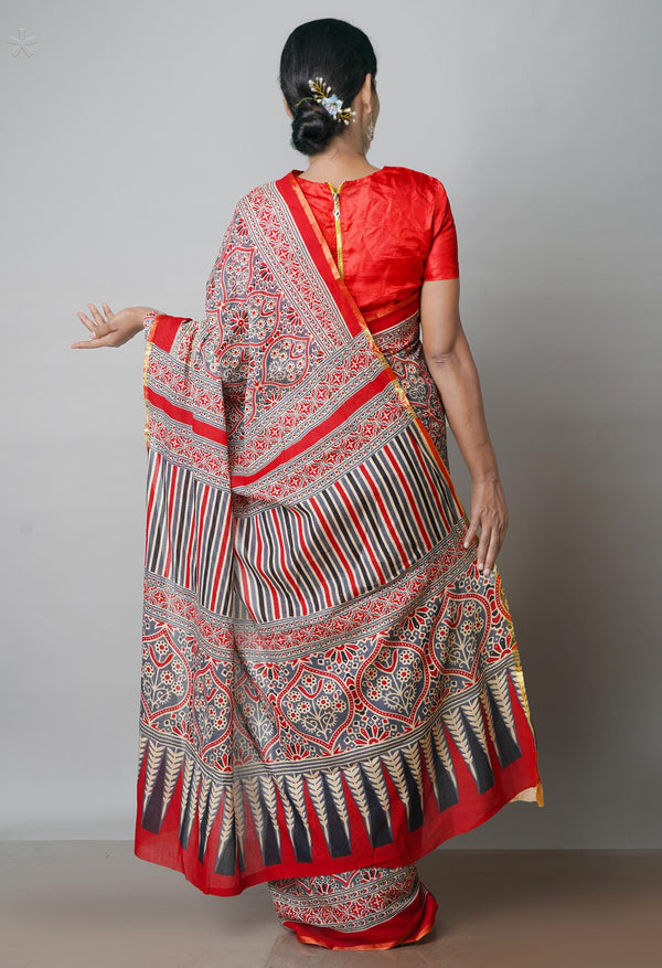 Grey-Red Pure Ajrakh Chanderi Sico Saree-UNM49274