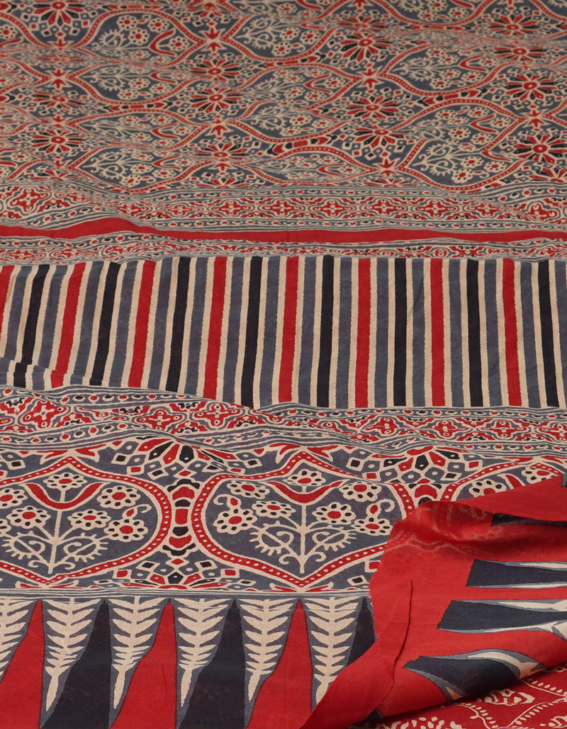 Grey-Red Pure Ajrakh Chanderi Sico Saree-UNM49274