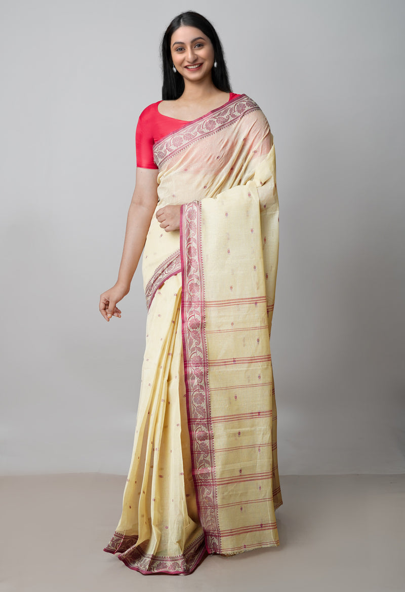 Cream Pure  Handloom Superfine Bengal Cotton Saree-UNM69619