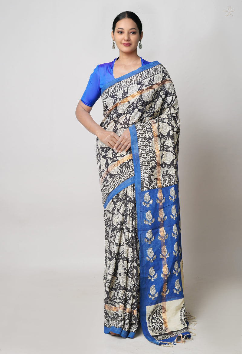 Black Bagru Printed Soft Silk Saree-UNM70402