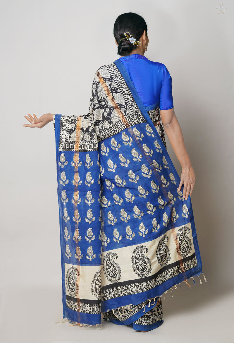 Black Bagru Printed Soft Silk Saree-UNM70402