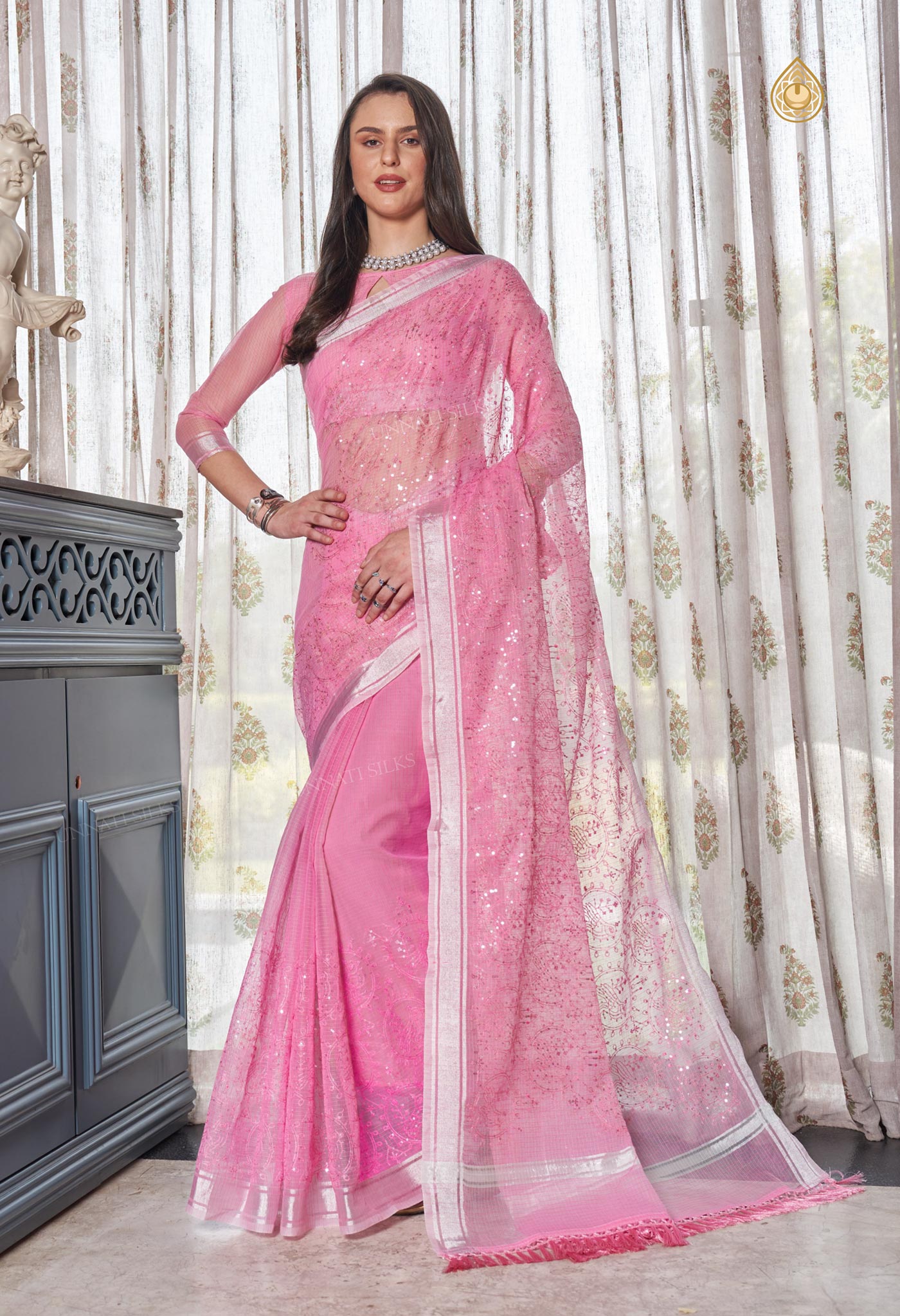 Baby Pink Pure  Kota With Sequence Embroidery cotton Saree-UNM70562