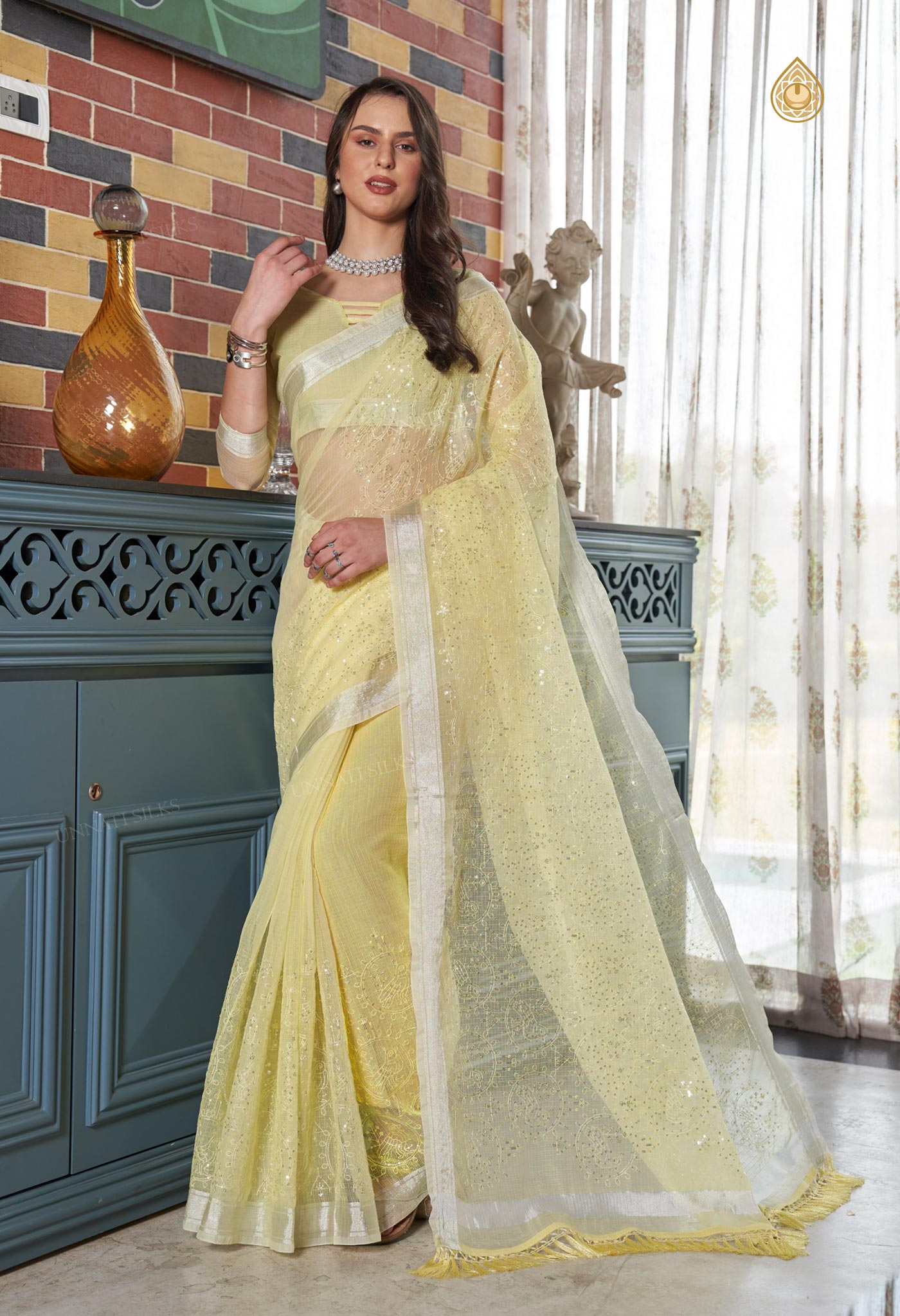 Yellow Pure Kota With Embroidery cotton Saree