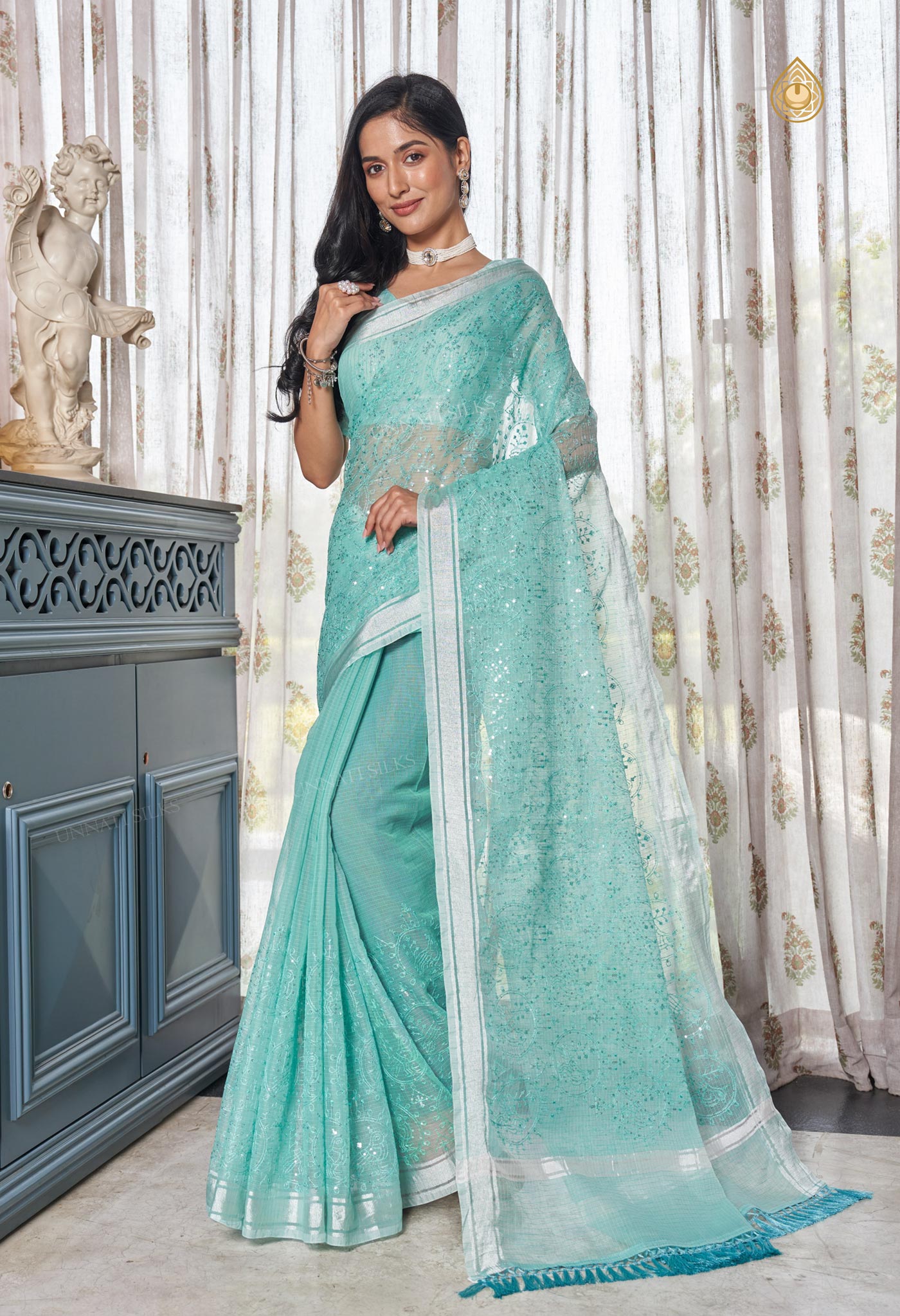 Jungle Green Pure  Kota With Sequence Embroidery cotton Saree-UNM70565
