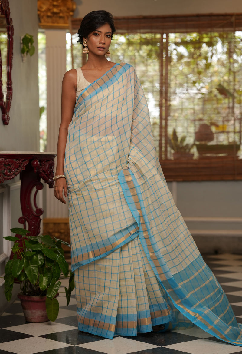 Cream Pure Handloom Mangalagiri Cotton Saree-UNM70948