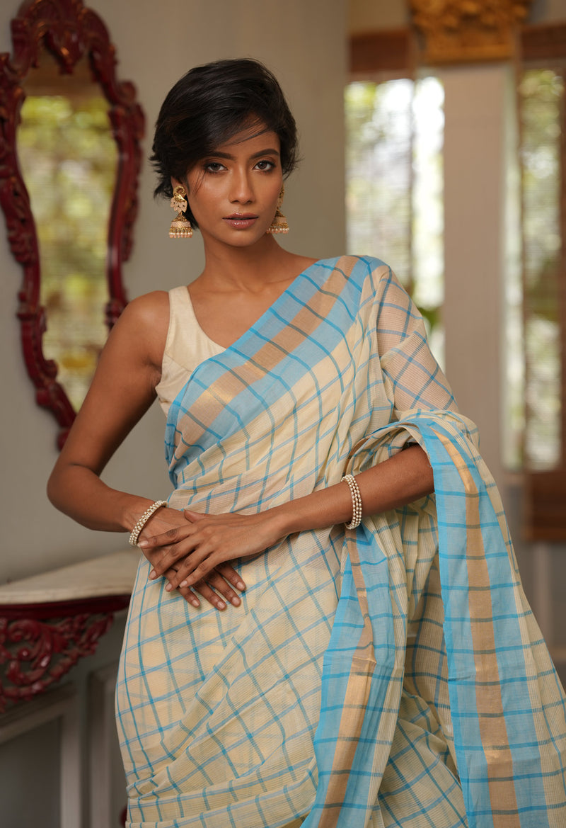 Cream Pure Handloom Mangalagiri Cotton Saree-UNM70948