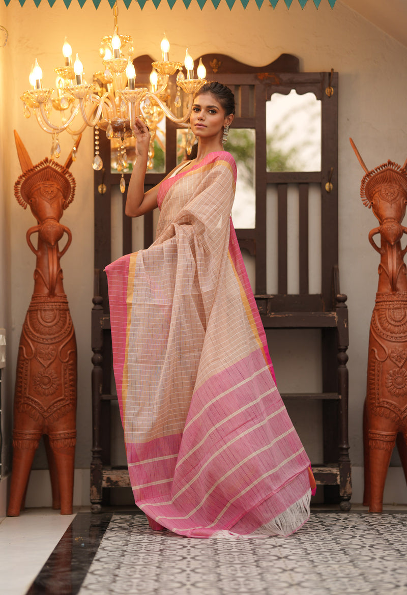 Cream Pure Handloom Mangalagiri Cotton Saree-UNM70968
