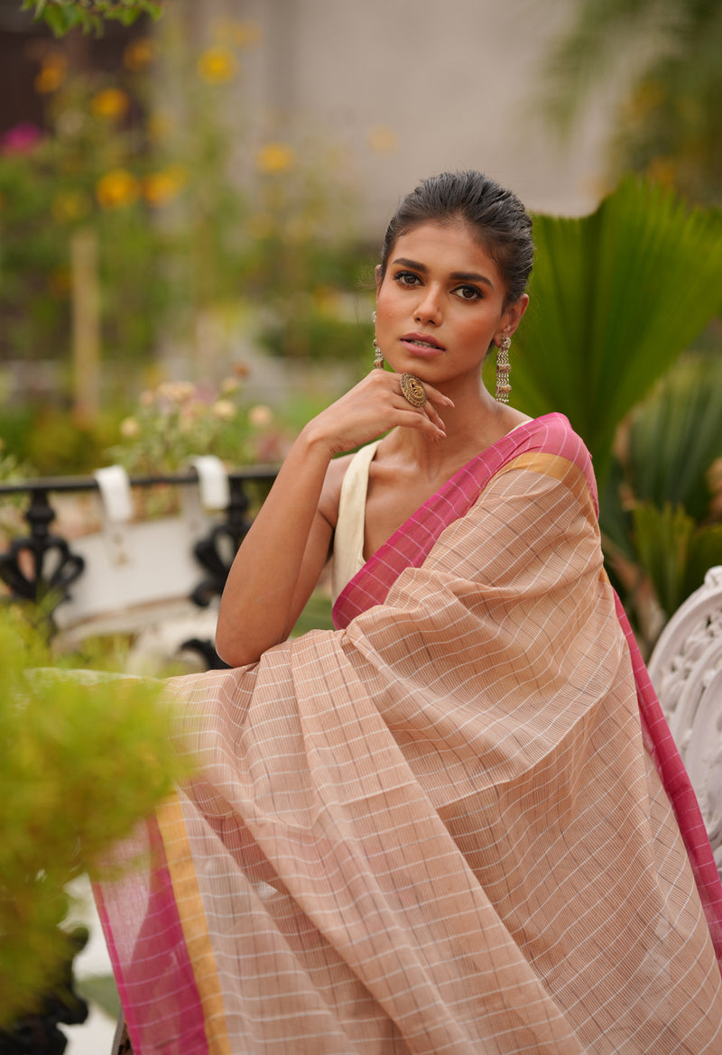 Cream Pure Handloom Mangalagiri Cotton Saree-UNM70968