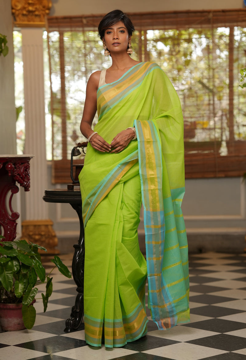 Parrot GreenPure Handloom Mangalagiri Cotton Saree-UNM70983