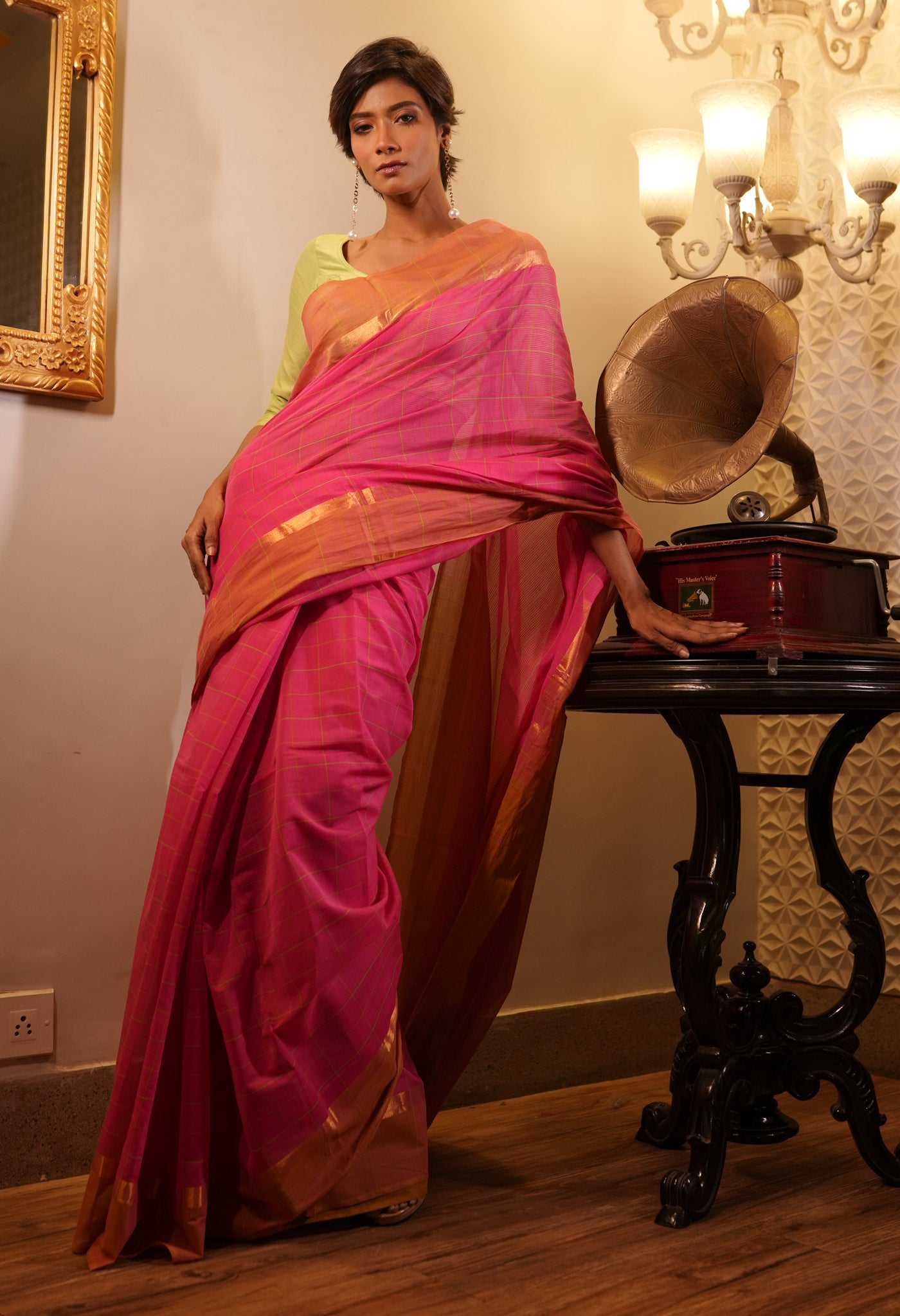 Pink Pure Handloom Mangalagiri Cotton Saree-UNM71003