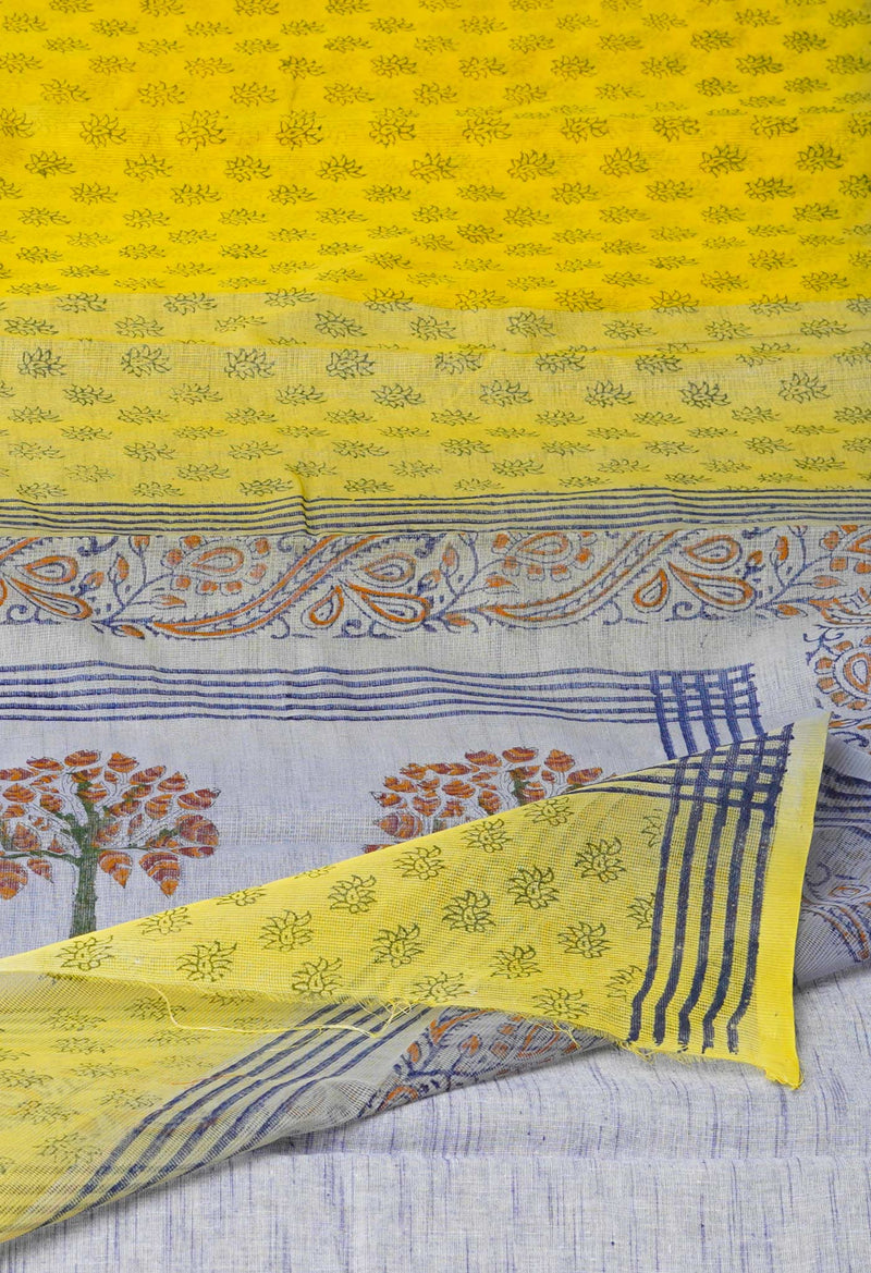 Pastel Yellow  Block Printed Supernet  Saree-UNM71344