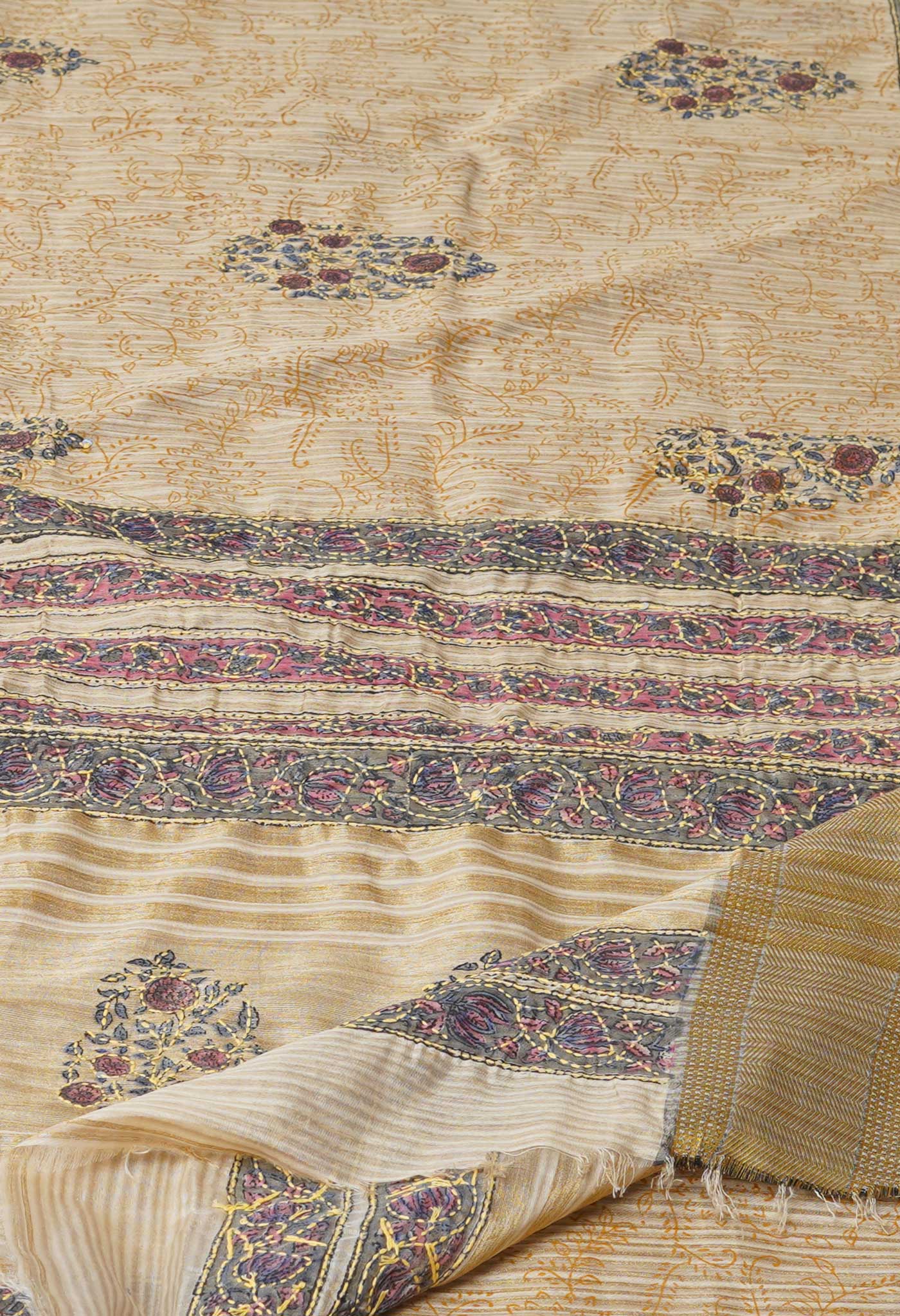Brown Hand Block Printed Bengal Tussar Silk Saree With Chips and Hand Kantha work