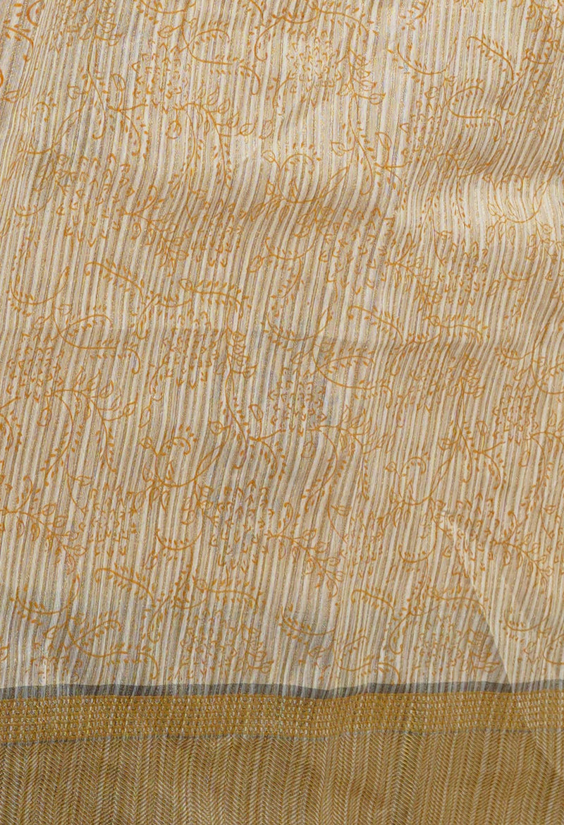 Brown  Hand Block Printed Bengal Tussar Silk Saree With Chips and Hand Kantha work-UNM71445