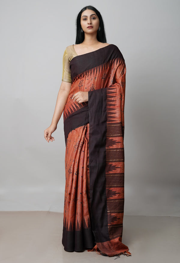 Chestnut Brown Pure Handloom Block Printed Tussar Jute Saree-UNM71762