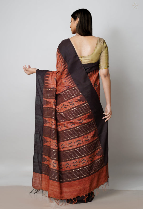Chestnut Brown Pure Handloom Block Printed Tussar Jute Saree-UNM71762