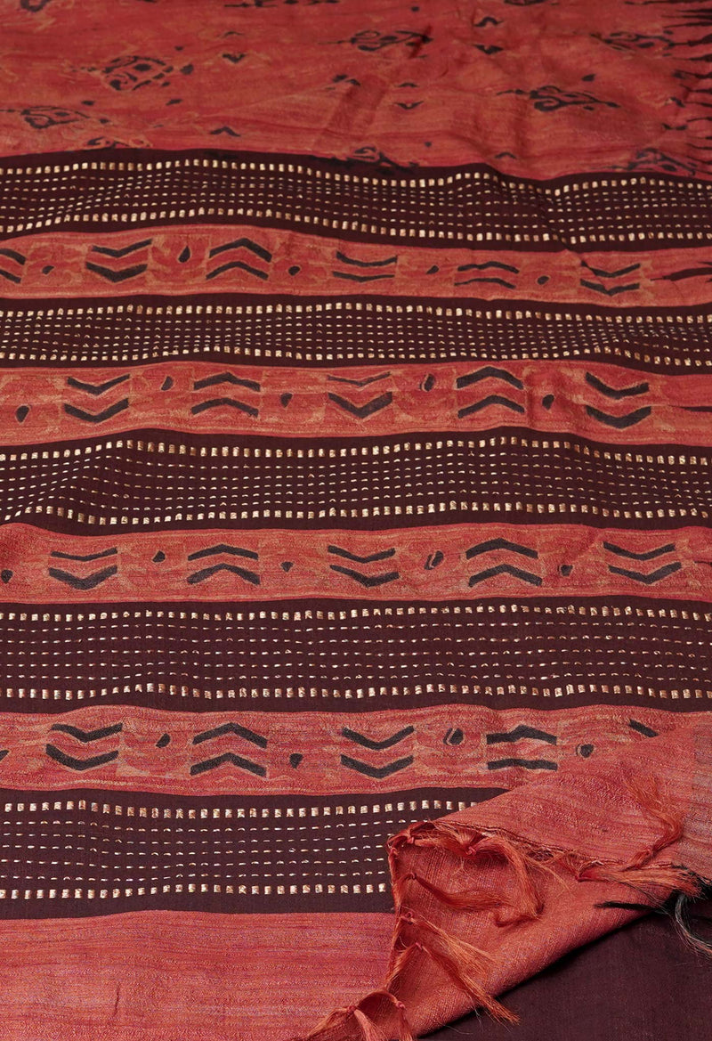 Chestnut Brown Pure Handloom Block Printed Tussar Jute Saree-UNM71762