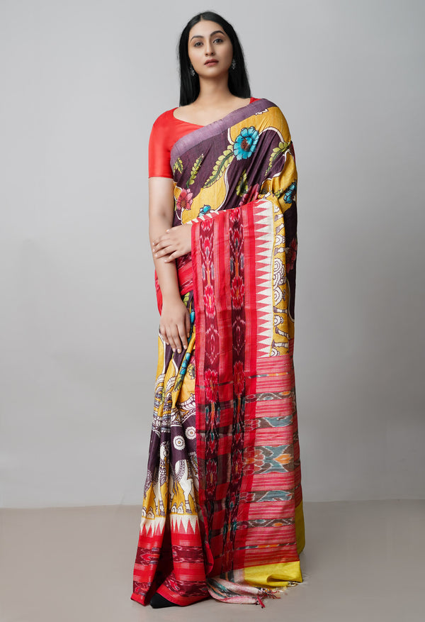 Mustard Yellow Pure Handloom Pen Kalamkari Painting Gicha Tussar Jute Saree-UNM71778