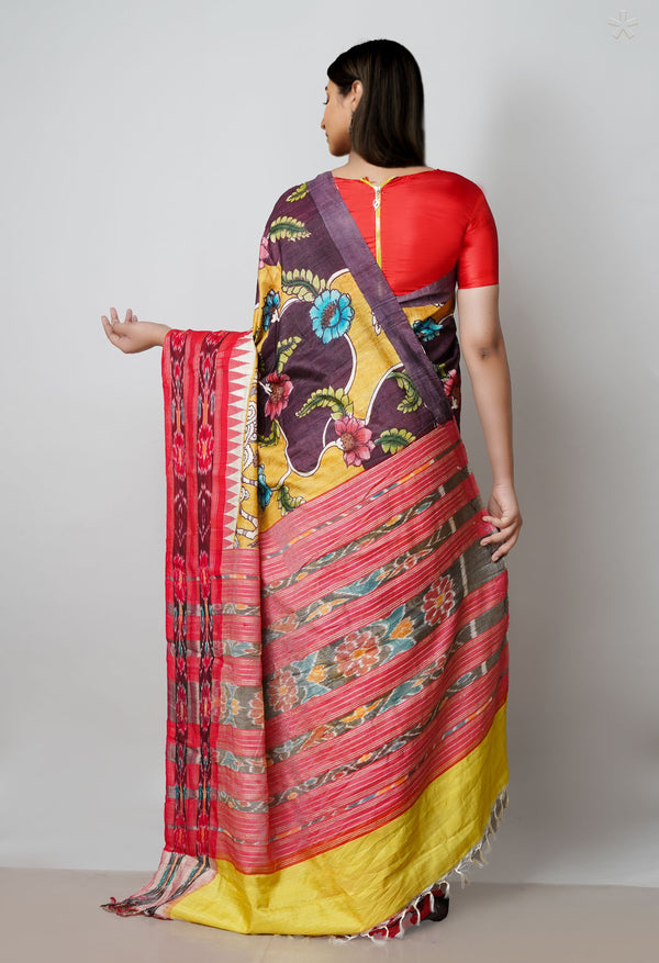 Mustard Yellow Pure Handloom Pen Kalamkari Painting Gicha Tussar Jute Saree-UNM71778