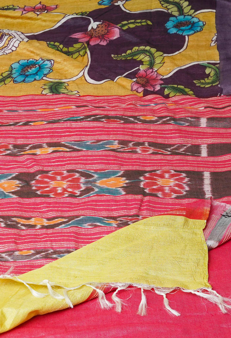 Mustard Yellow Pure Handloom Pen Kalamkari Painting Gicha Tussar Jute Saree-UNM71778