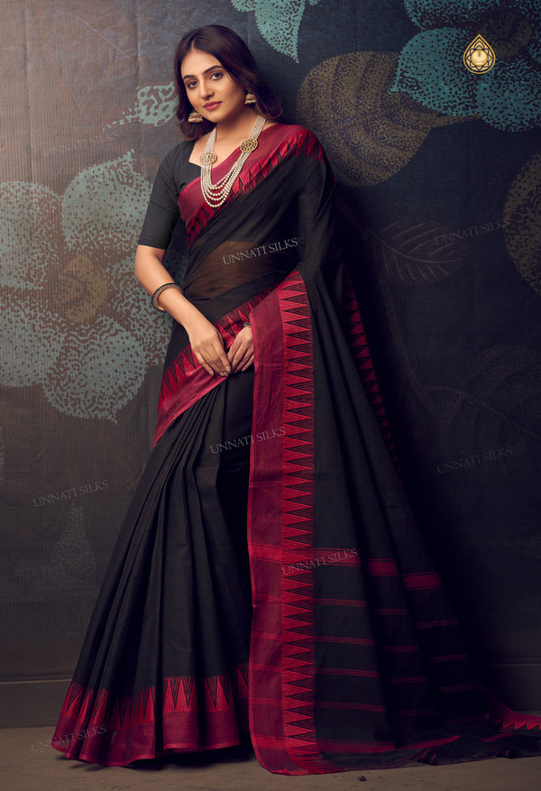 Black Pure Handloom Pavani Chettinad Cotton Saree-UNM71819