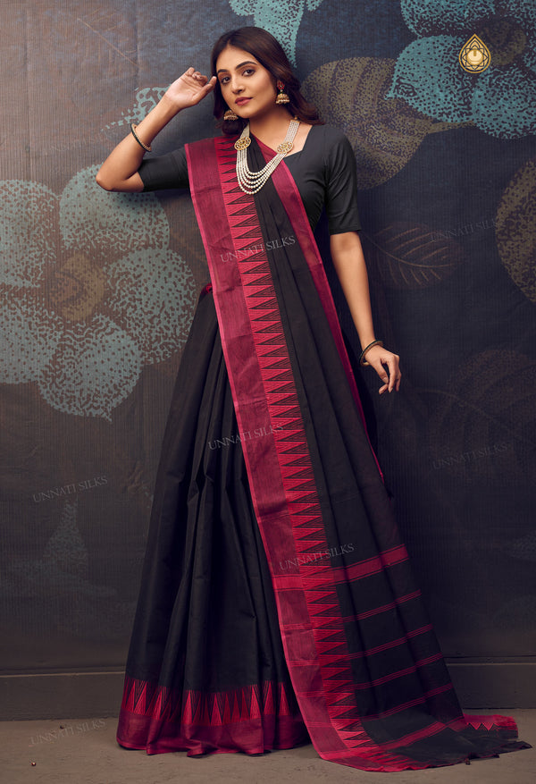 Black Pure Handloom Pavani Chettinad Cotton Saree-UNM71819