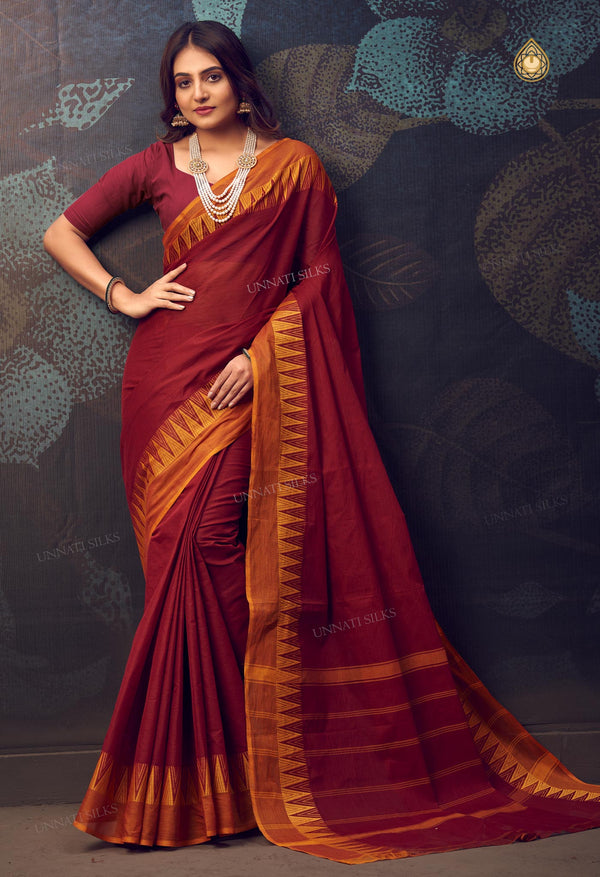 Burgundy Pure Handloom Pavani Chettinad Cotton Saree-UNM71823