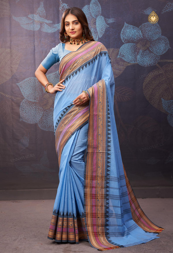 Sky Blue Pure Handloom Pavani Chettinad Cotton Saree-UNM71831