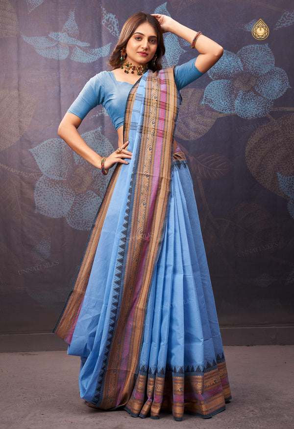 Sky Blue Pure Handloom Pavani Chettinad Cotton Saree-UNM71831