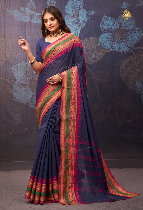 Navy Blue Pure Handloom Pavani Chettinad Cotton Saree-UNM71832