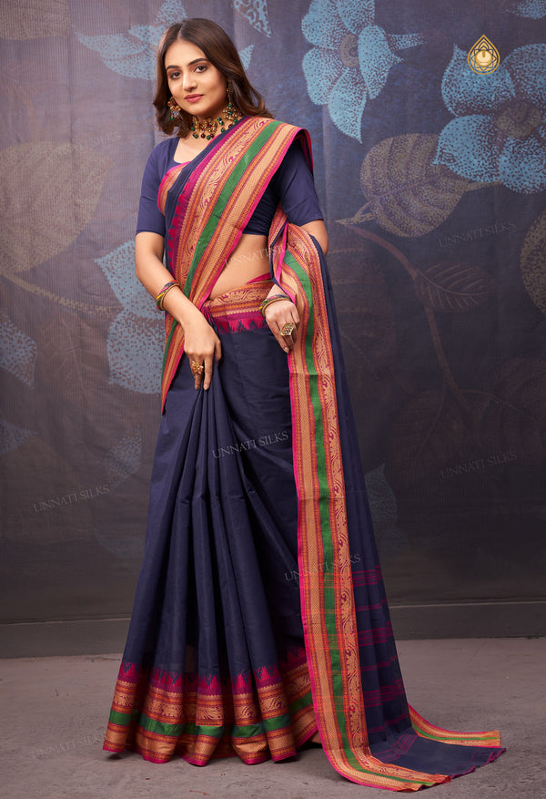 Navy Blue Pure Handloom Pavani Chettinad Cotton Saree-UNM71832