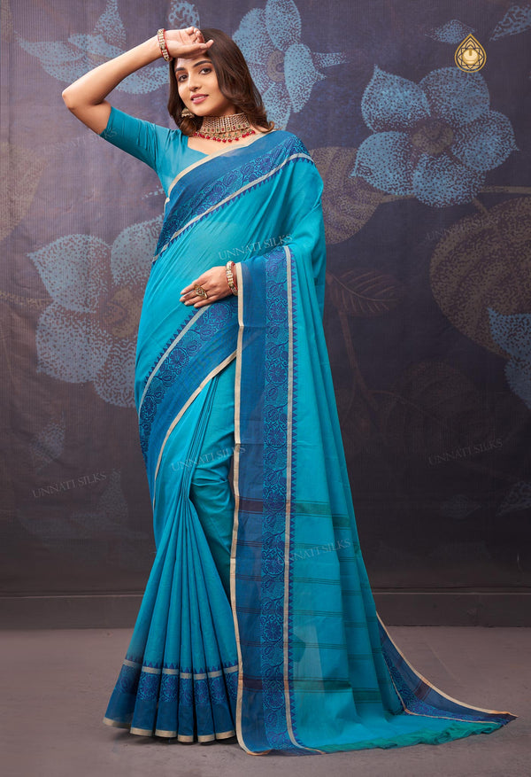 Turquoise Blue Pure  Pavani Handcrafted Kanchi Cotton Saree-UNM71839