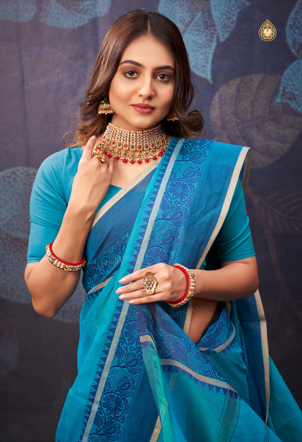 Turquoise Blue Pure  Pavani Handcrafted Kanchi Cotton Saree-UNM71839