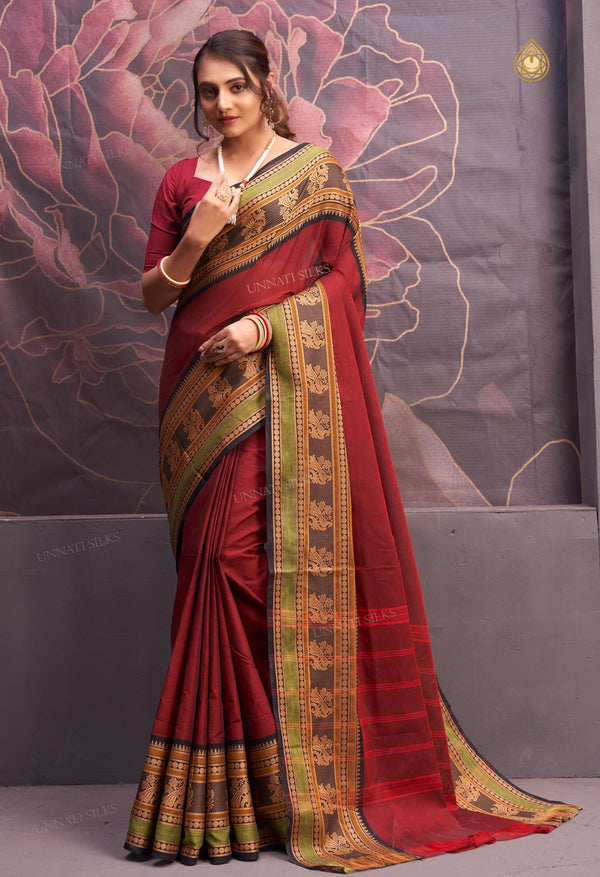 Maroon Pure  Pavani Handcrafted Kanchi Cotton Saree-UNM71862
