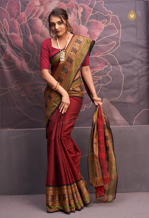 Maroon Pure  Pavani Handcrafted Kanchi Cotton Saree-UNM71862
