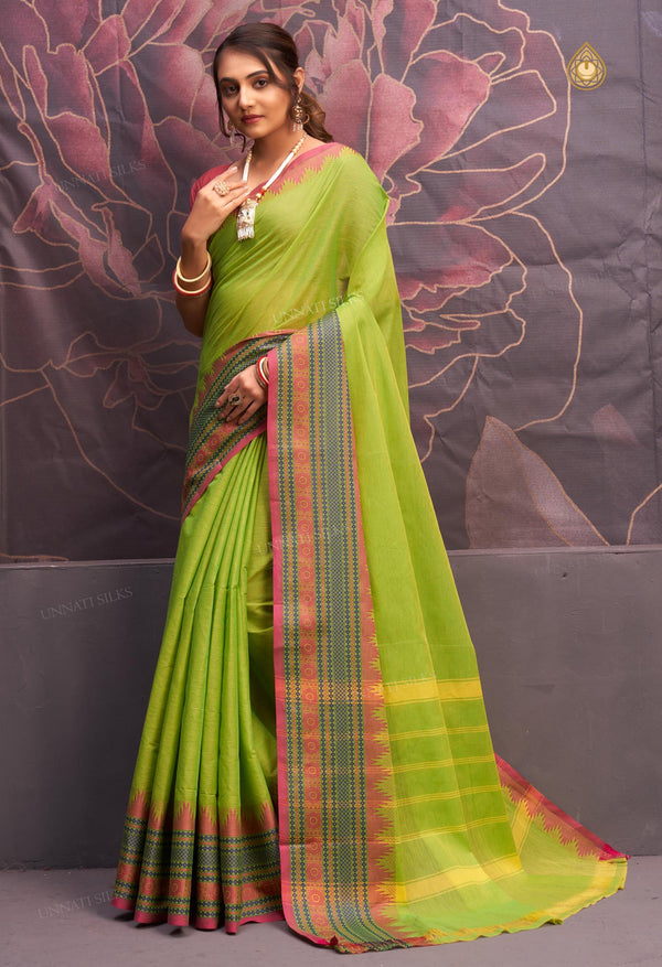 Parrot Green Pure  Pavani Handcrafted Kanchi Cotton Saree-UNM71864