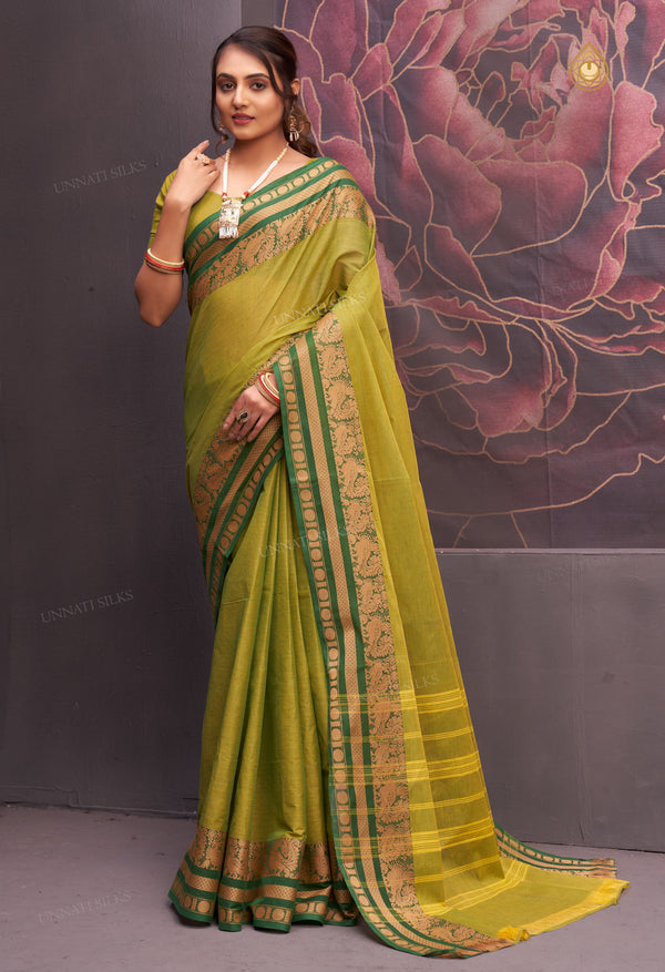 Parrot Green Pure  Pavani Handcrafted Kanchi Cotton Saree-UNM71865