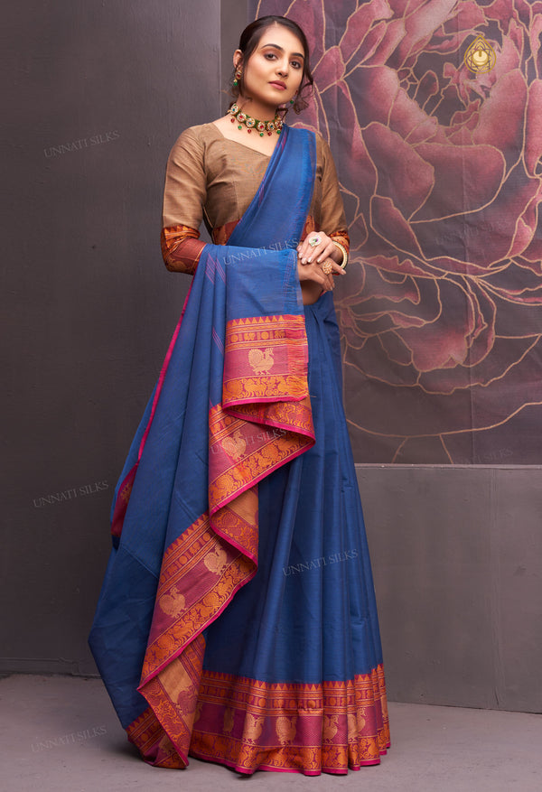 Dark Blue Pure  Pavani Handcrafted Kanchi Cotton Saree-UNM71866