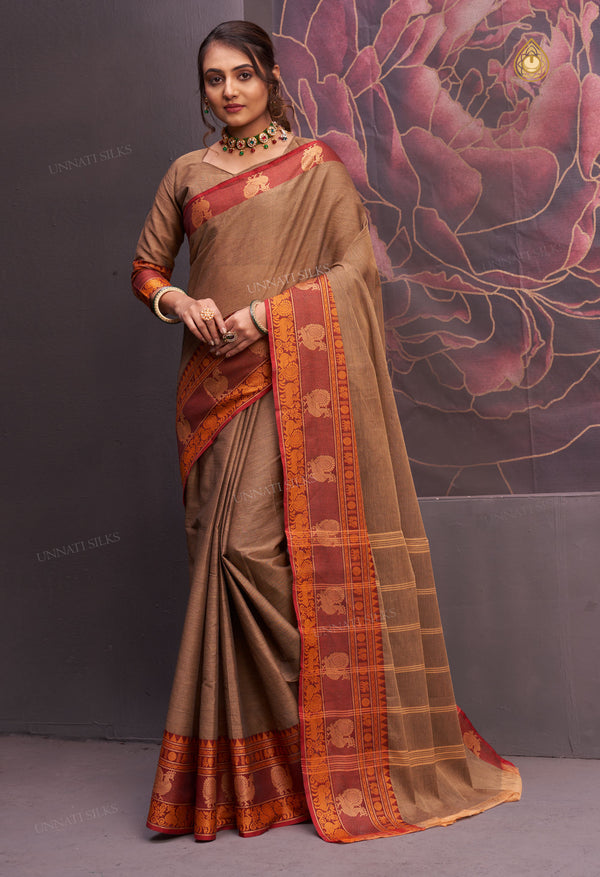 Ecru Brown Pure  Pavani Handcrafted Kanchi Cotton Saree-UNM71868